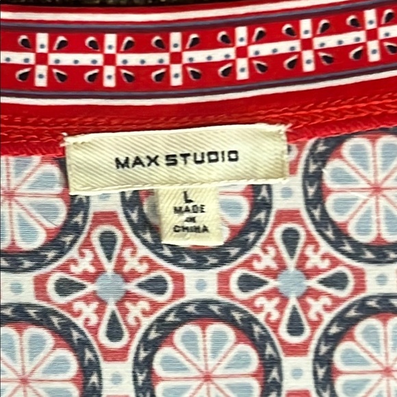 Max Studio Faux Wrap Print Stretch Dress Red Black Blue sz L - Picture 2 of 9